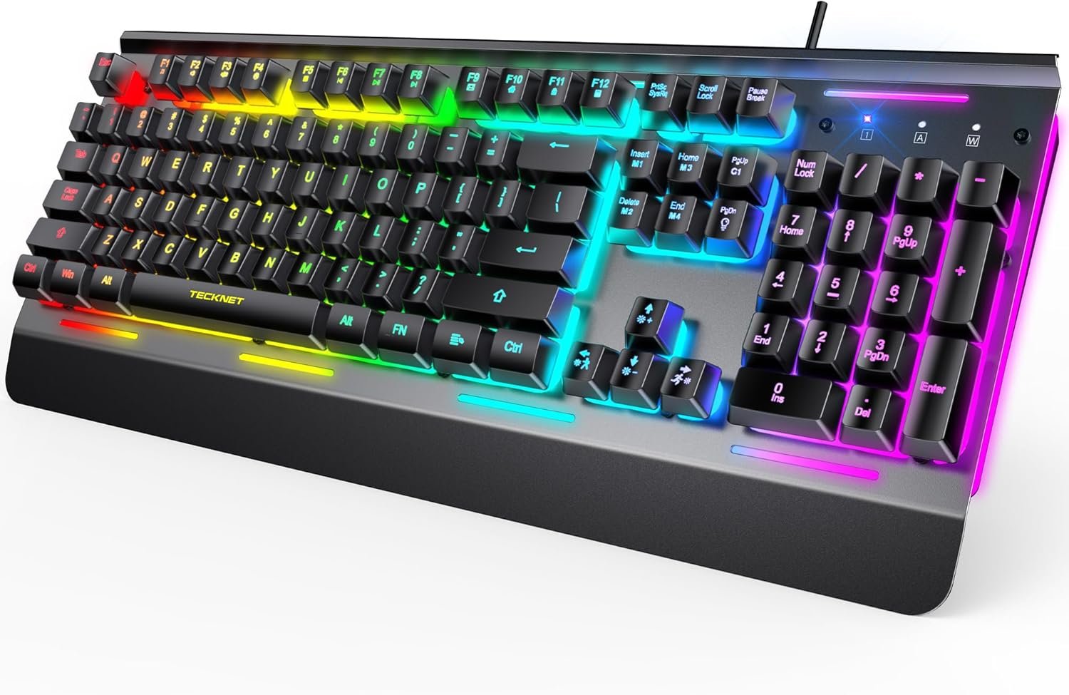 TECKNET Wired Gaming Keyboard, RGB Backlit Keyboard with Metal Panel Design 15-Zone RGB Illumination, Whisper Quiet Design, IP32 Water Resistance, 25 Anti-ghosting Keys, Ergonomic Design