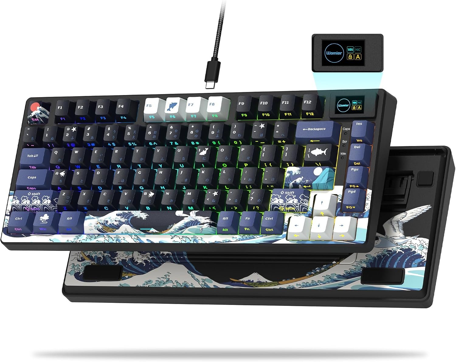 Womier SK80 75% Keyboard with Color Multimedia Display Gaming Keyboard Creamy Sound Mechanical Wired Hot Swappable Gasket RGB Custom Key board, Pre-lubed Stabilizer for Mac/Win, Black Kanagawa