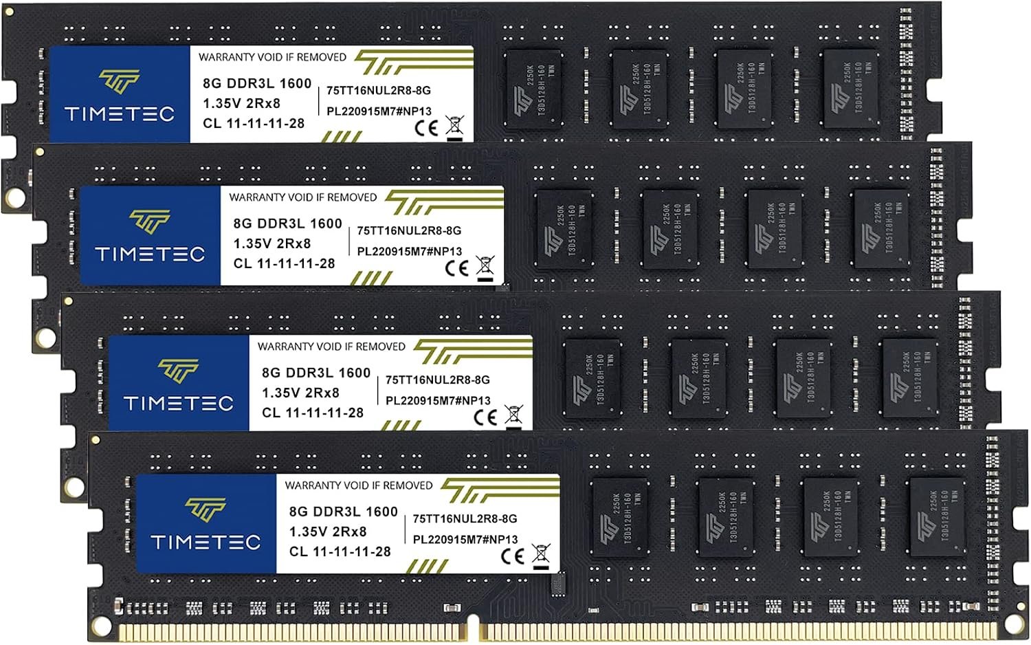 Timetec 32GB KIT(4x8GB) DDR3L / DDR3 1600MHz (DDR3L-1600) PC3L-12800 / PC3-12800 Non-ECC Unbuffered 1.35V/1.5V CL11 2Rx8 Dual Rank 240 Pin UDIMM Desktop PC Computer Memory RAM(SDRAM) Module Upgrade Visit the Timetec Store