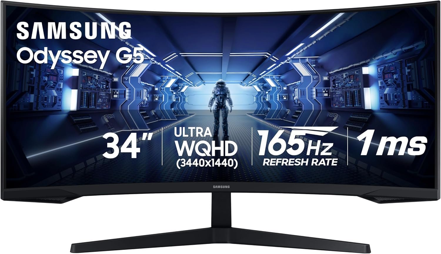 Samsung 34' Odyssey G5 Ultra-Wide Gaming Monitor with 1000R Curved Screen 165Hz, 1ms, FreeSync Premium, Large Display, Eye Comfort, Multiple Ports, WQHD (LC34G55TWWNXZA)